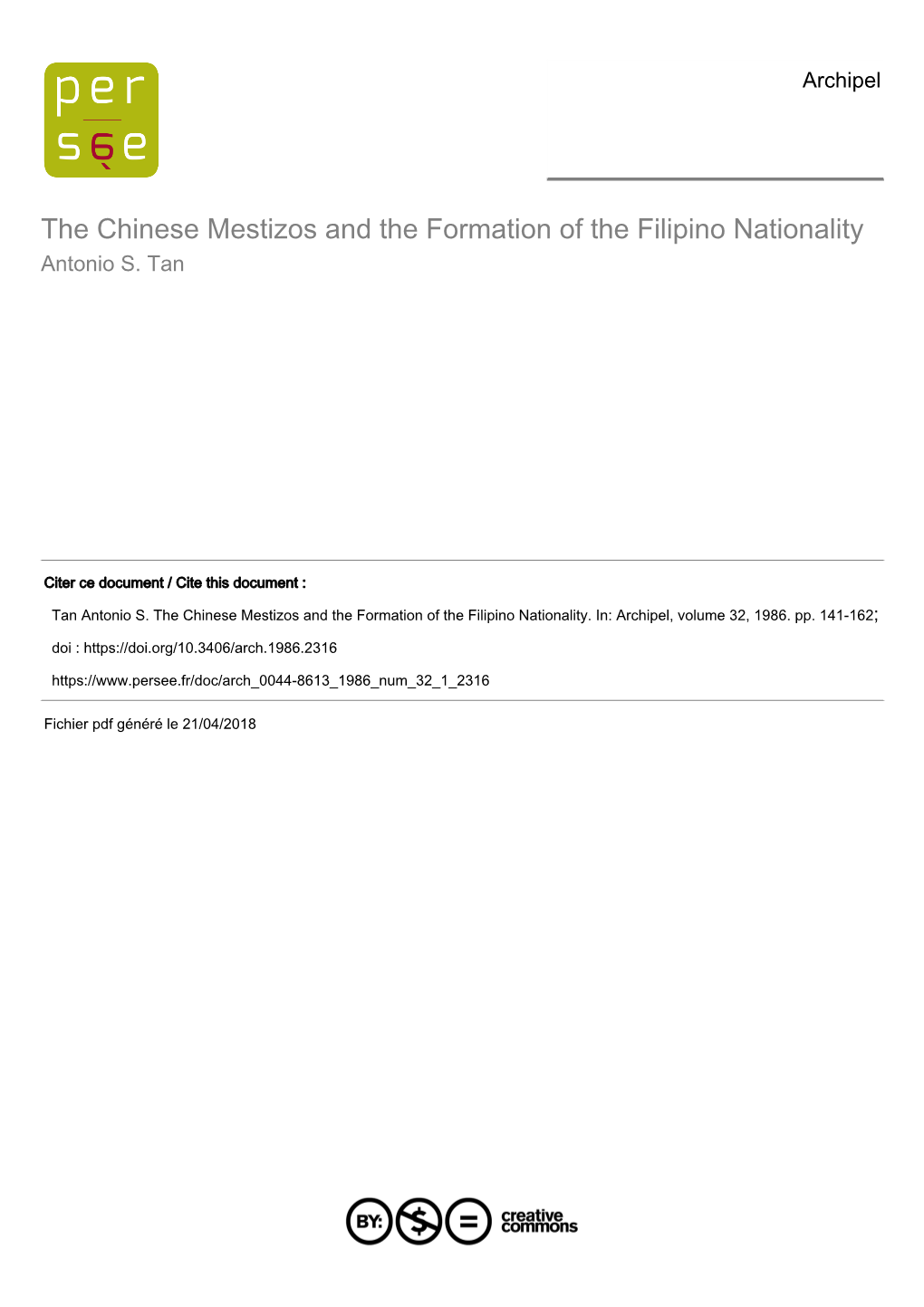 The Chinese Mestizos and the Formation of the Filipino Nationality Antonio S