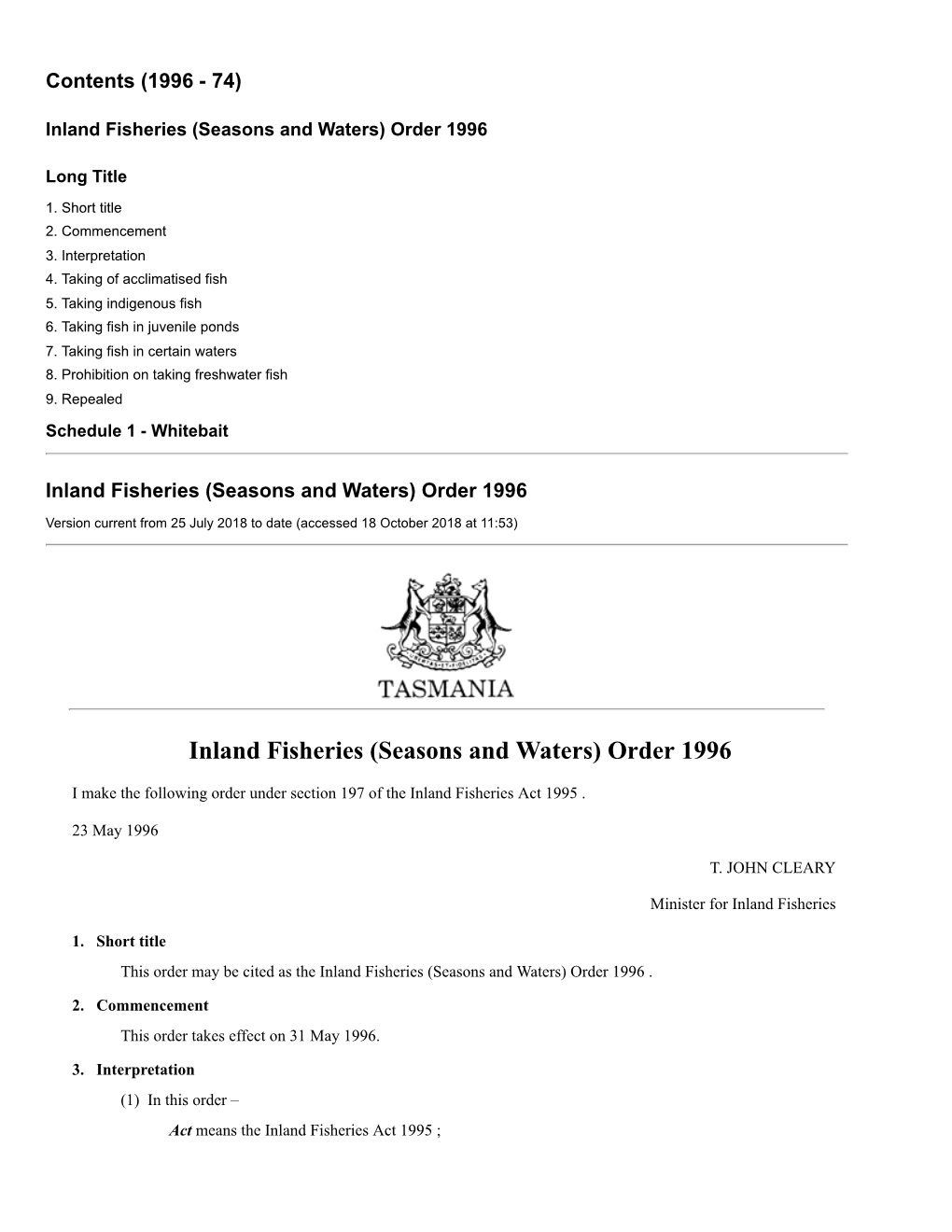 Inland Fisheries (Seasons and Waters) Order 1996
