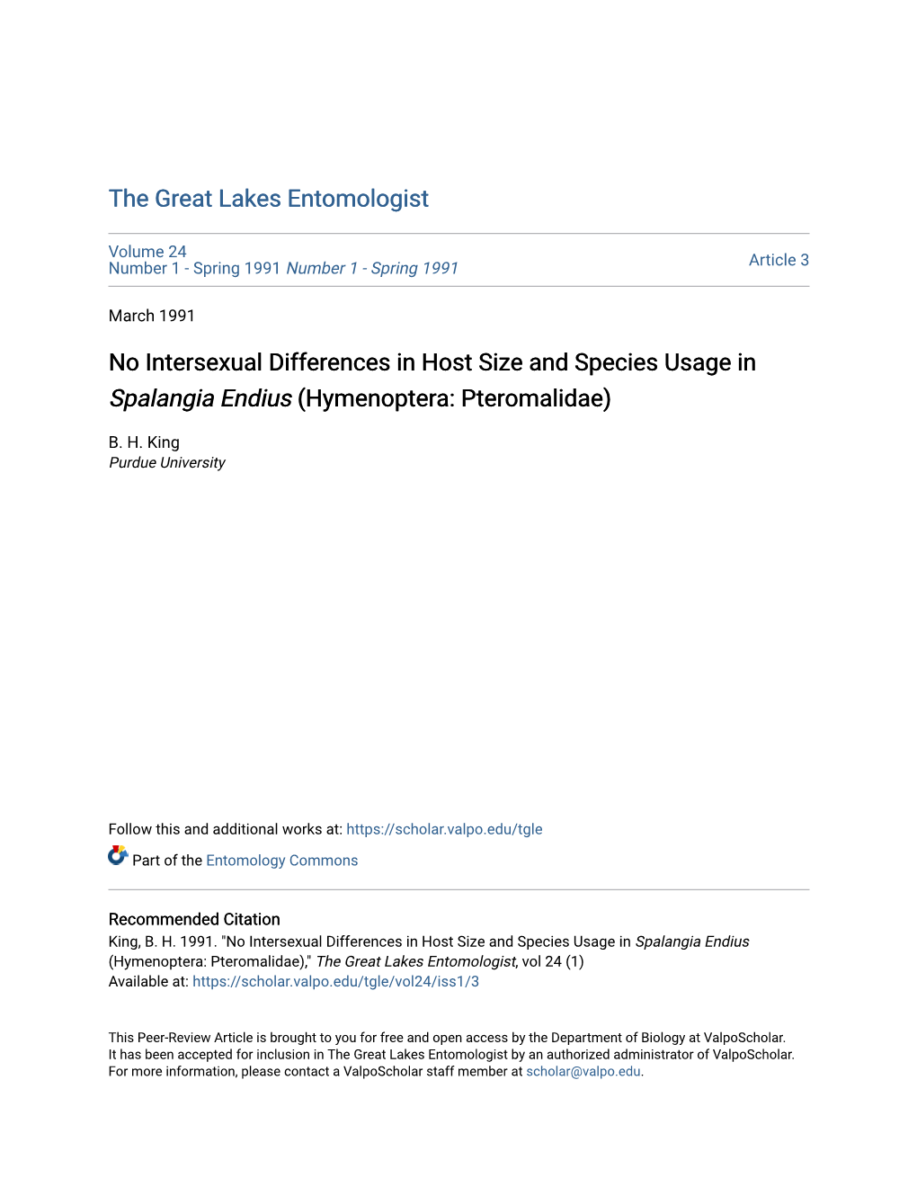 No Intersexual Differences in Host Size and Species Usage in Spalangia Endius (Hymenoptera: Pteromalidae)