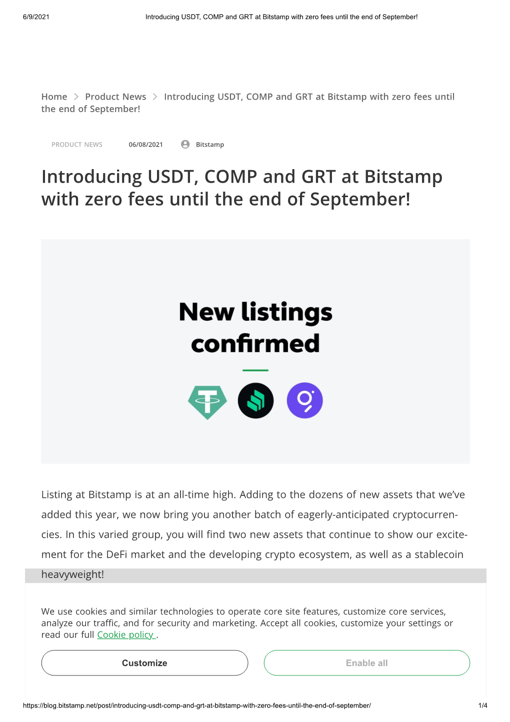 Introducing USDT, COMP and GRT at Bitstamp with Zero Fees Until the End of September!