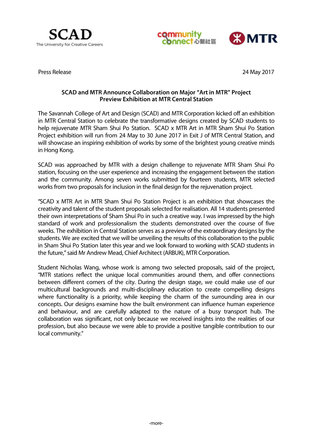 Press Release 24 May 2017 SCAD and MTR Announce Collaboration
