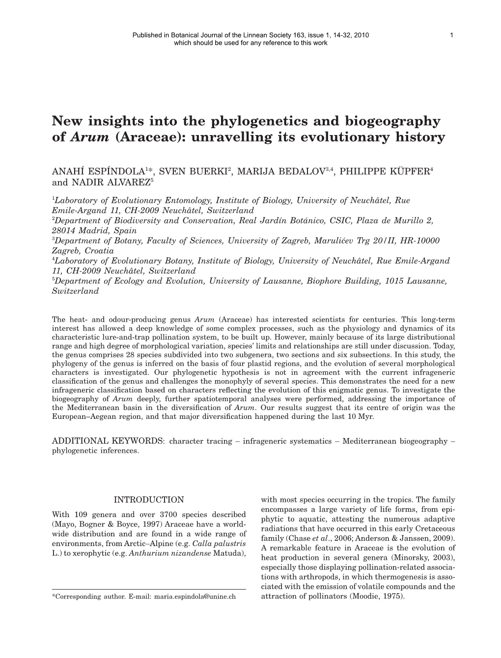 New Insights Into the Phylogenetics and Biogeography of Arum (Araceae): Unravelling Its Evolutionary History