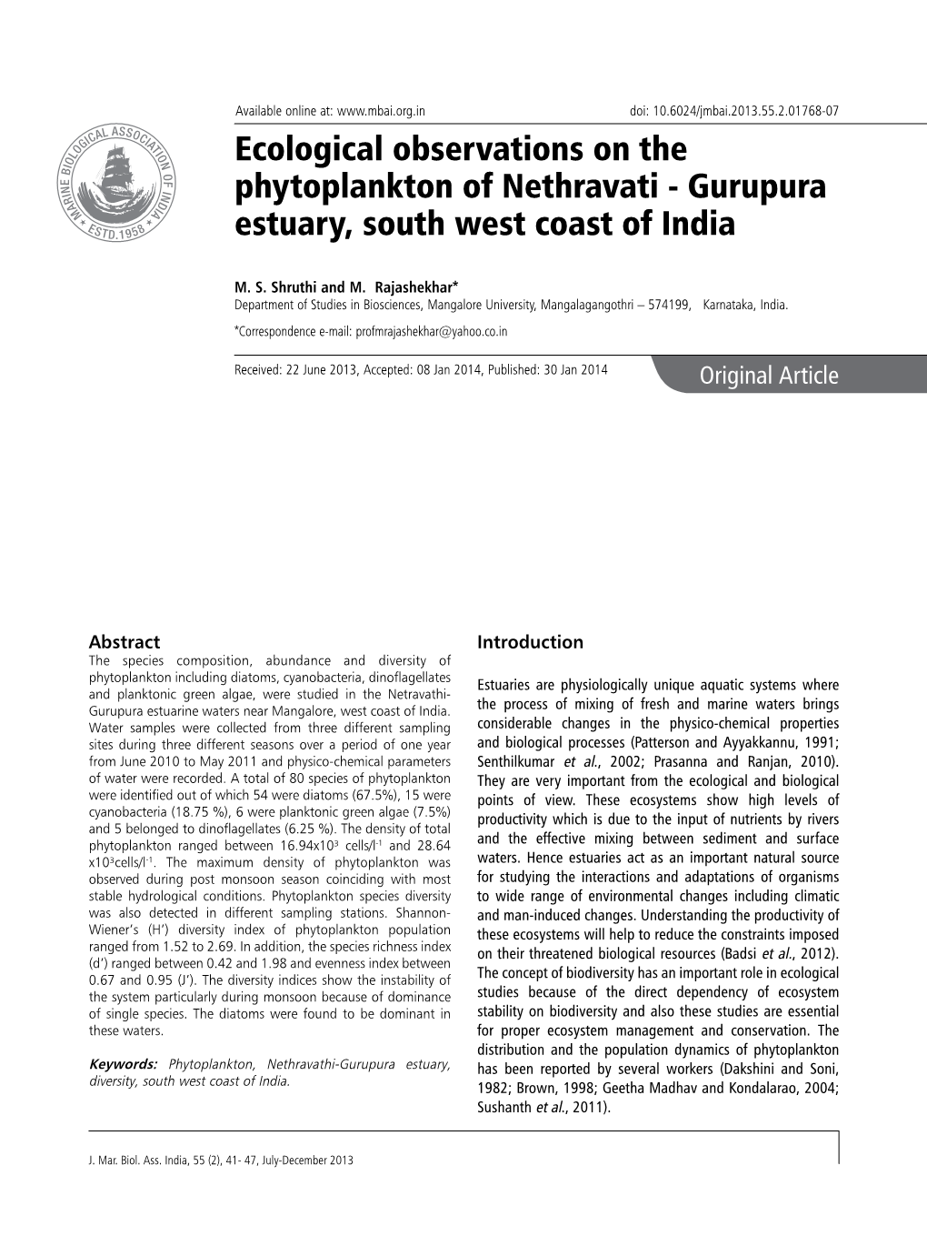 Ecological Observations on the Phytoplankton of Nethravati - Gurupura Estuary, South West Coast of India