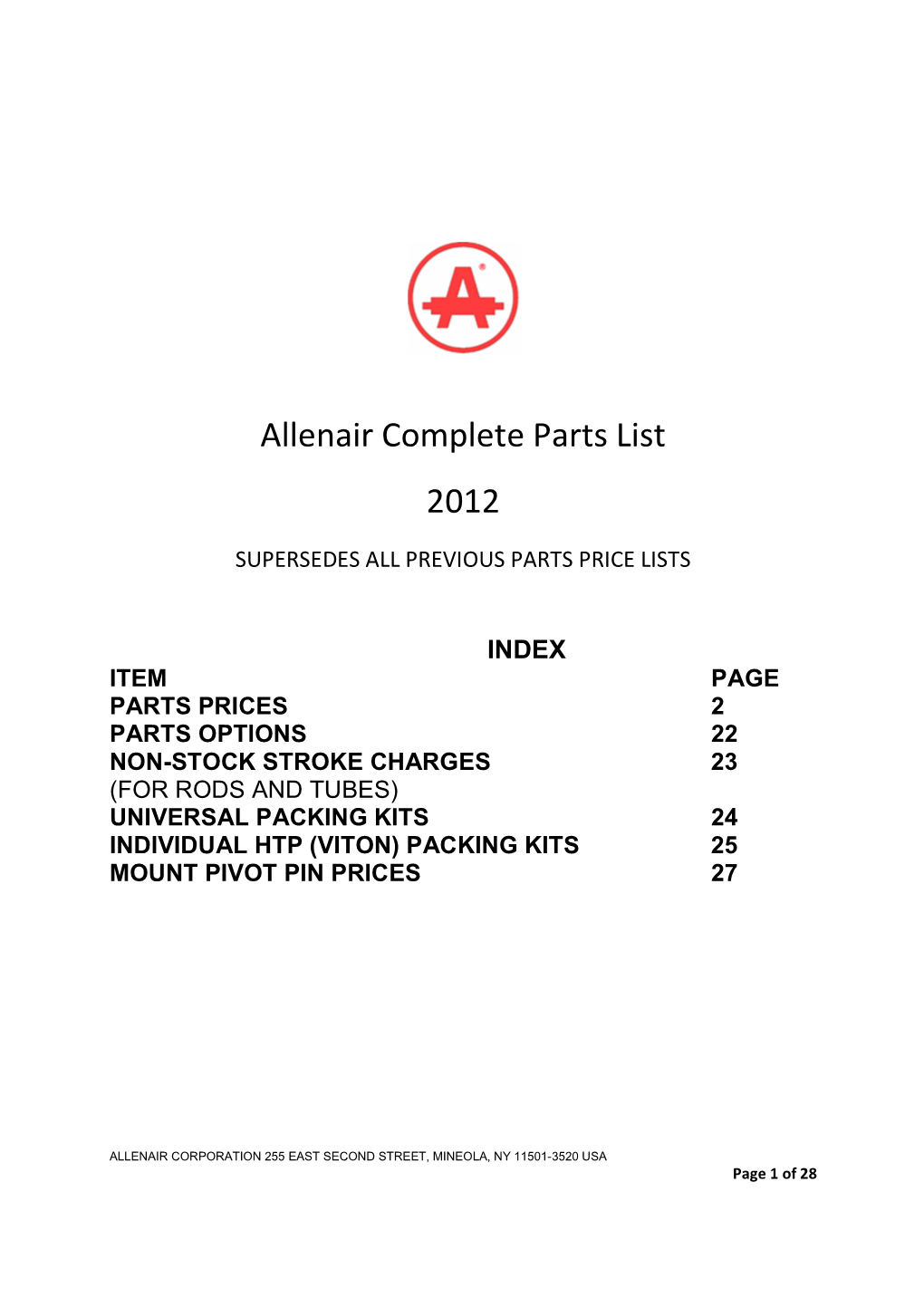 Allenair Complete Parts List 2012