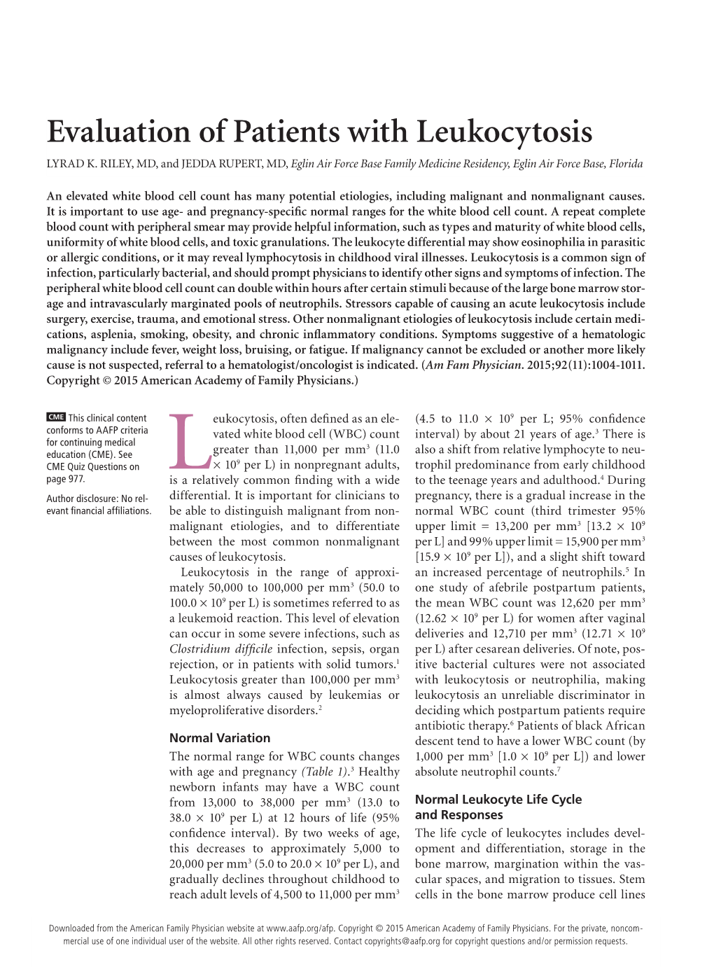 Evaluation of Patients with Leukocytosis LYRAD K