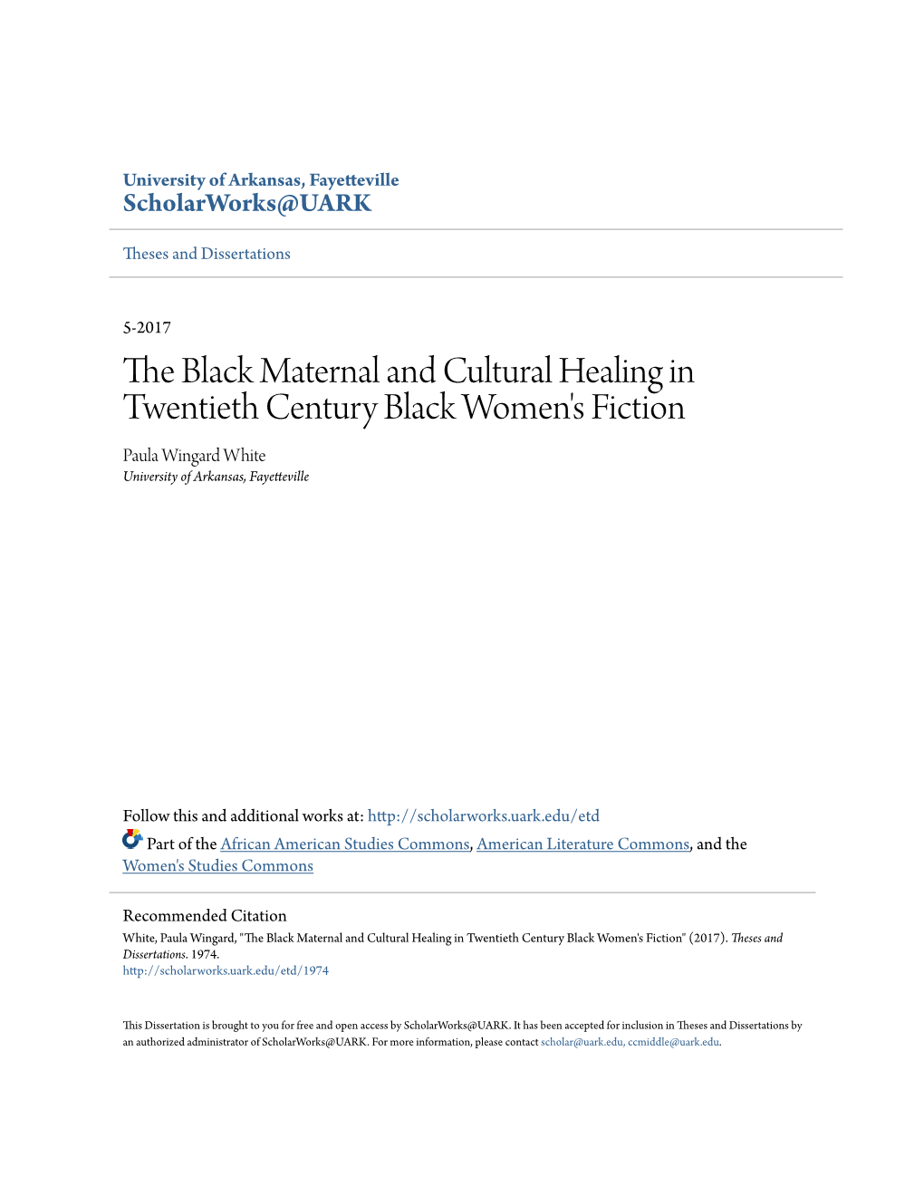 The Black Maternal and Cultural Healing in Twentieth Century Black Women’S Fiction