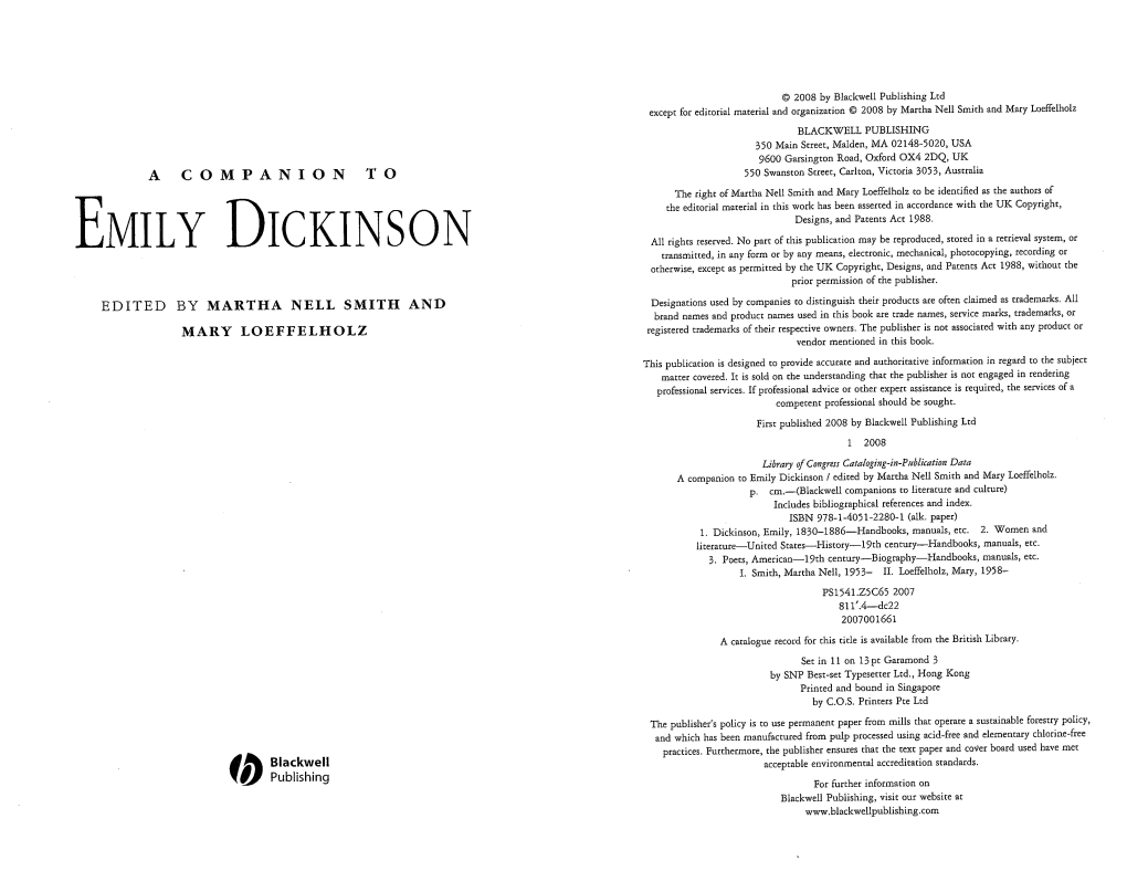 Readings for Visiting the Dickinson Museum on March 6 ...Jane Wald on the Dickinson Household