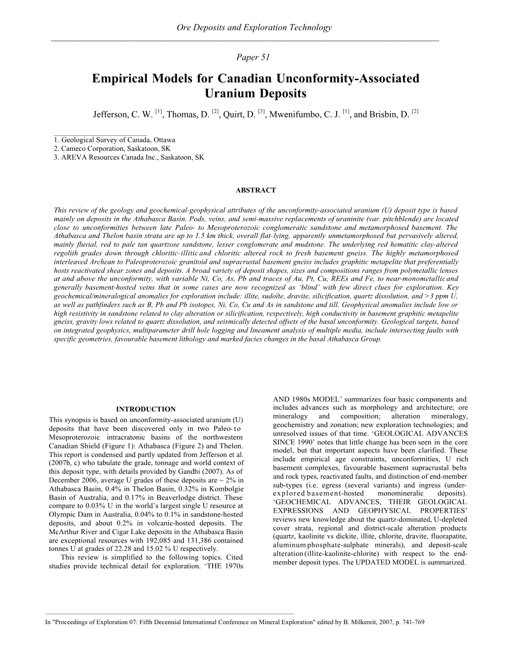 Empirical Models for Canadian Unconformity-Associated Uranium Deposits