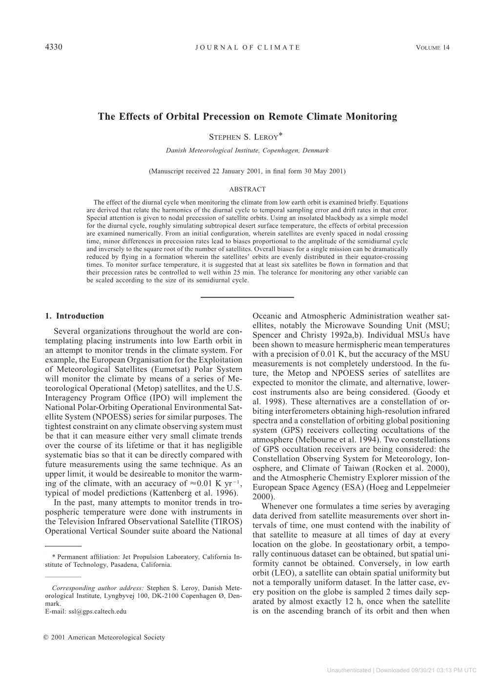 The Effects of Orbital Precession on Remote Climate Monitoring