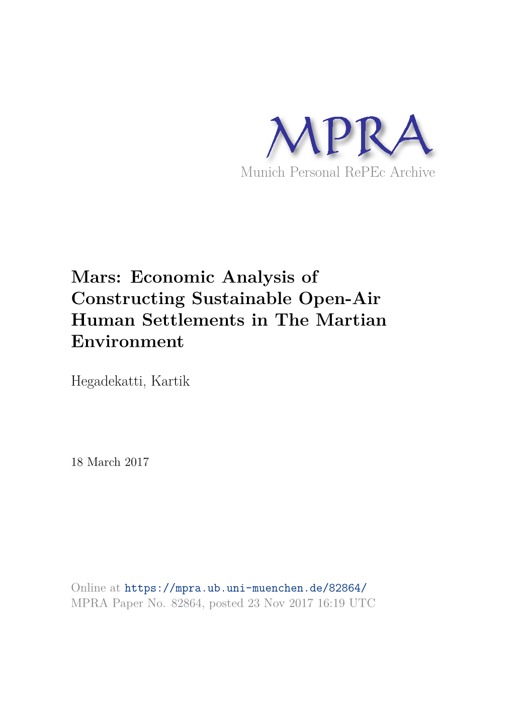 Mars: Economic Analysis of Constructing Sustainable Open-Air Human Settlements in the Martian Environment