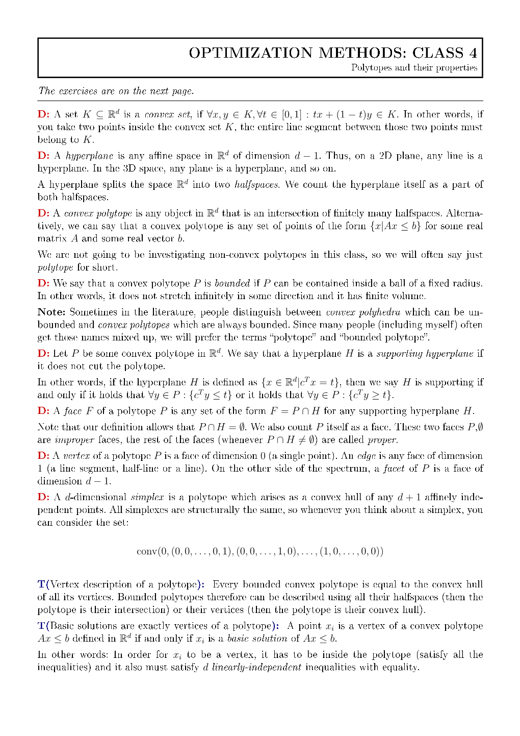 OPTIMIZATION METHODS: CLASS 4 Polytopes and Their Properties