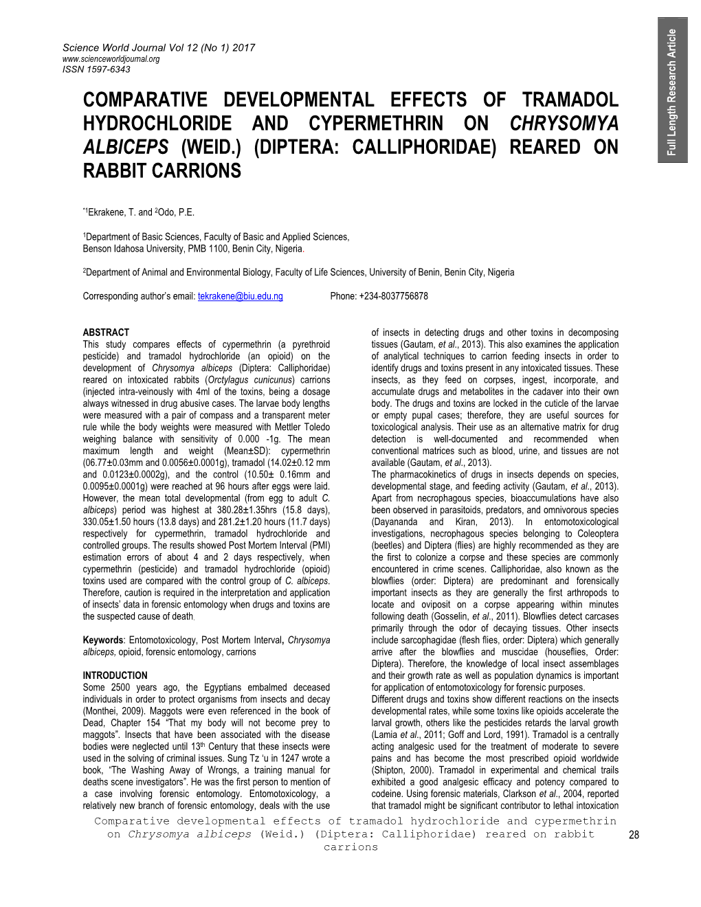 Comparative Developmental Effects of Tramadol Hydrochloride and Cypermethrin on Chrysomya