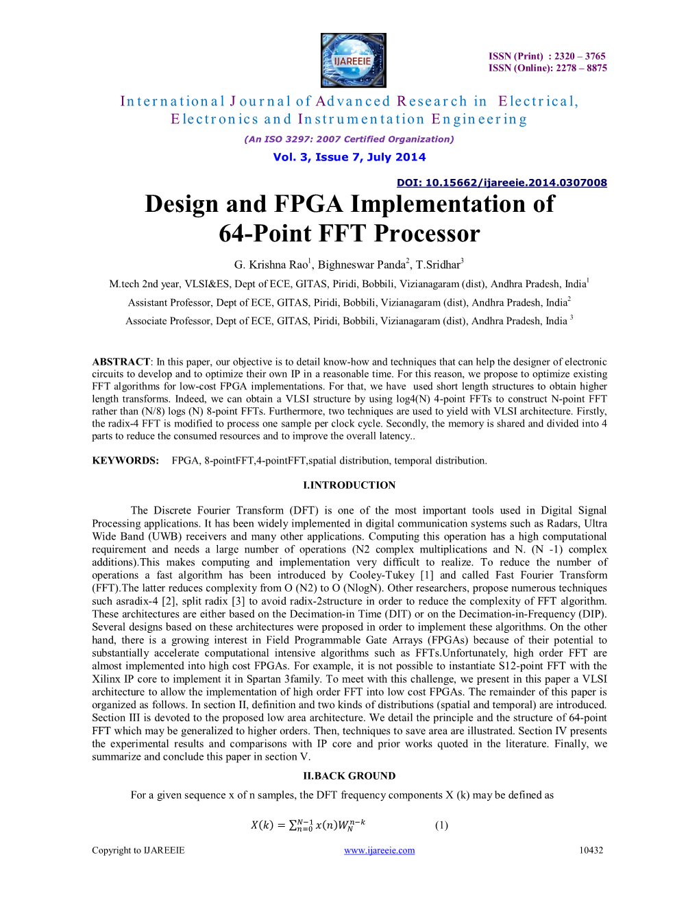 Design and FPGA Implementation of 64-Point FFT Processor