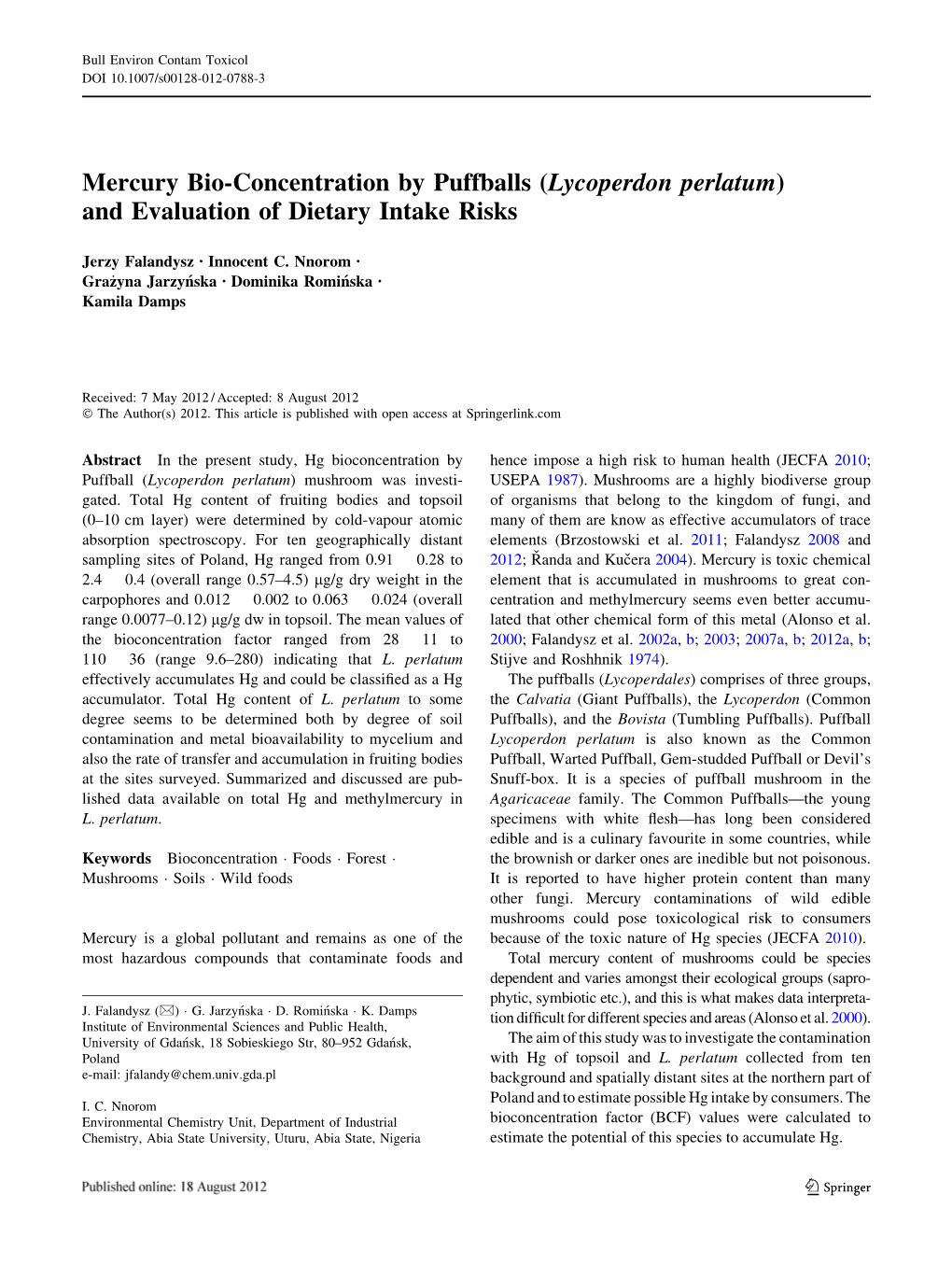 Mercury Bio-Concentration by Puffballs (Lycoperdon Perlatum) and Evaluation of Dietary Intake Risks