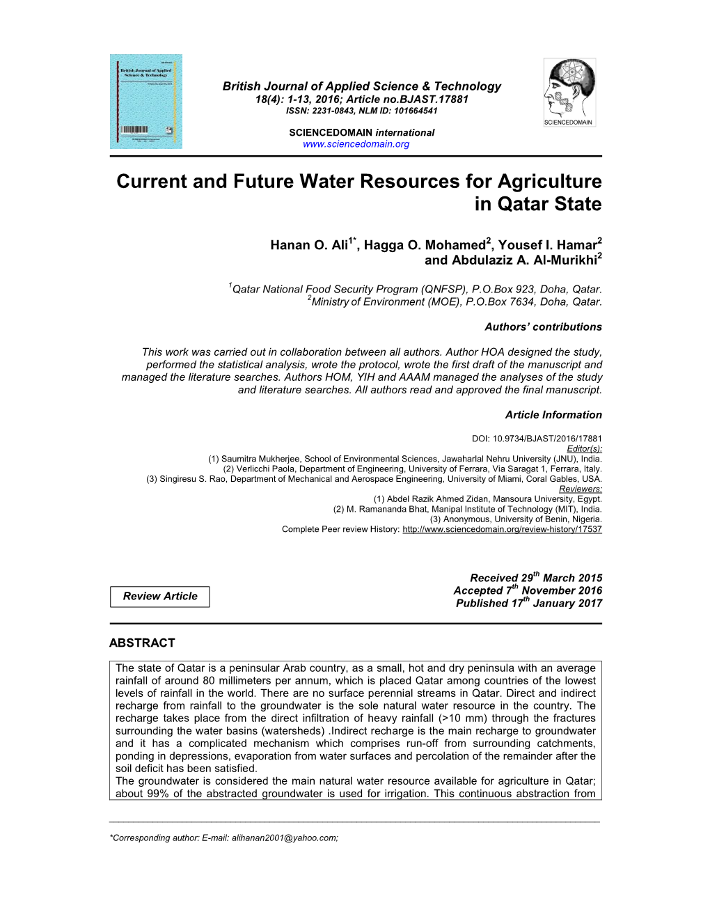 Current and Future Water Resources for Agriculture in Qatar State