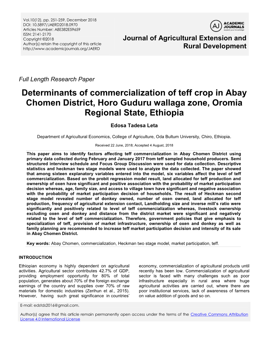 Determinants of Commercialization of Teff Crop in Abay Chomen District, Horo Guduru Wallaga Zone, Oromia Regional State, Ethiopia