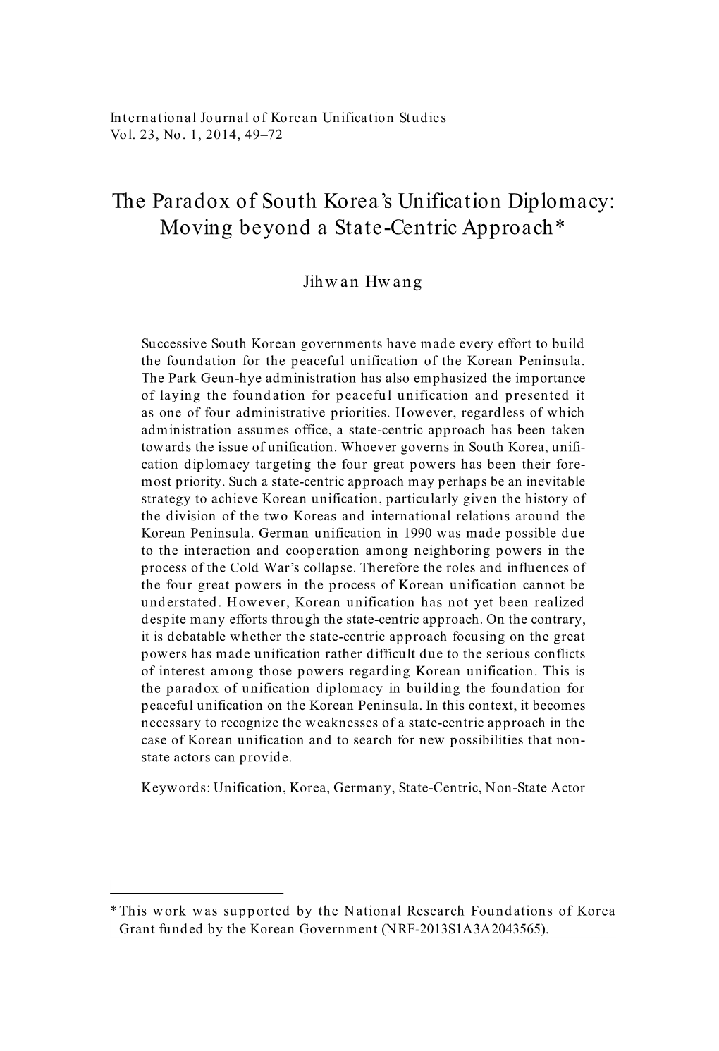 The Paradox of South Korea's Unification Diplomacy: Moving