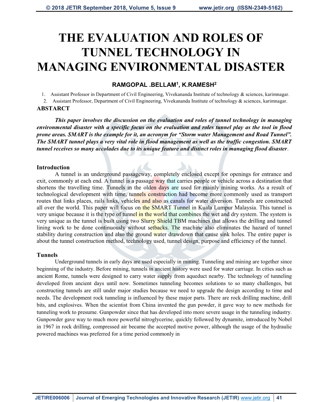 The Evaluation and Roles of Tunnel Technology in Managing Environmental Disaster