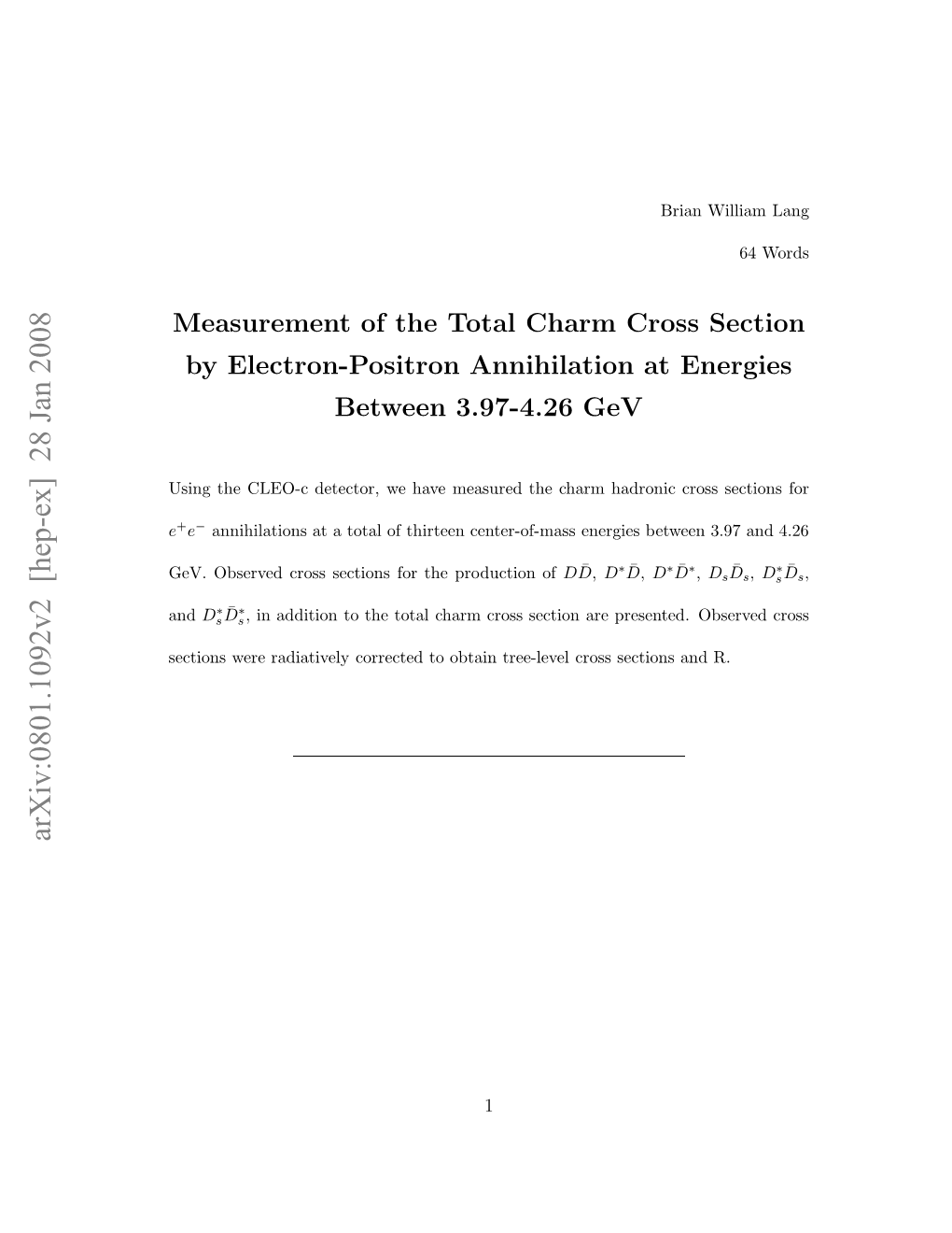 Measurement of the Total Charm Cross Section by Electron-Positron Annihilation at Energies Between 3.97-4.26 Gev