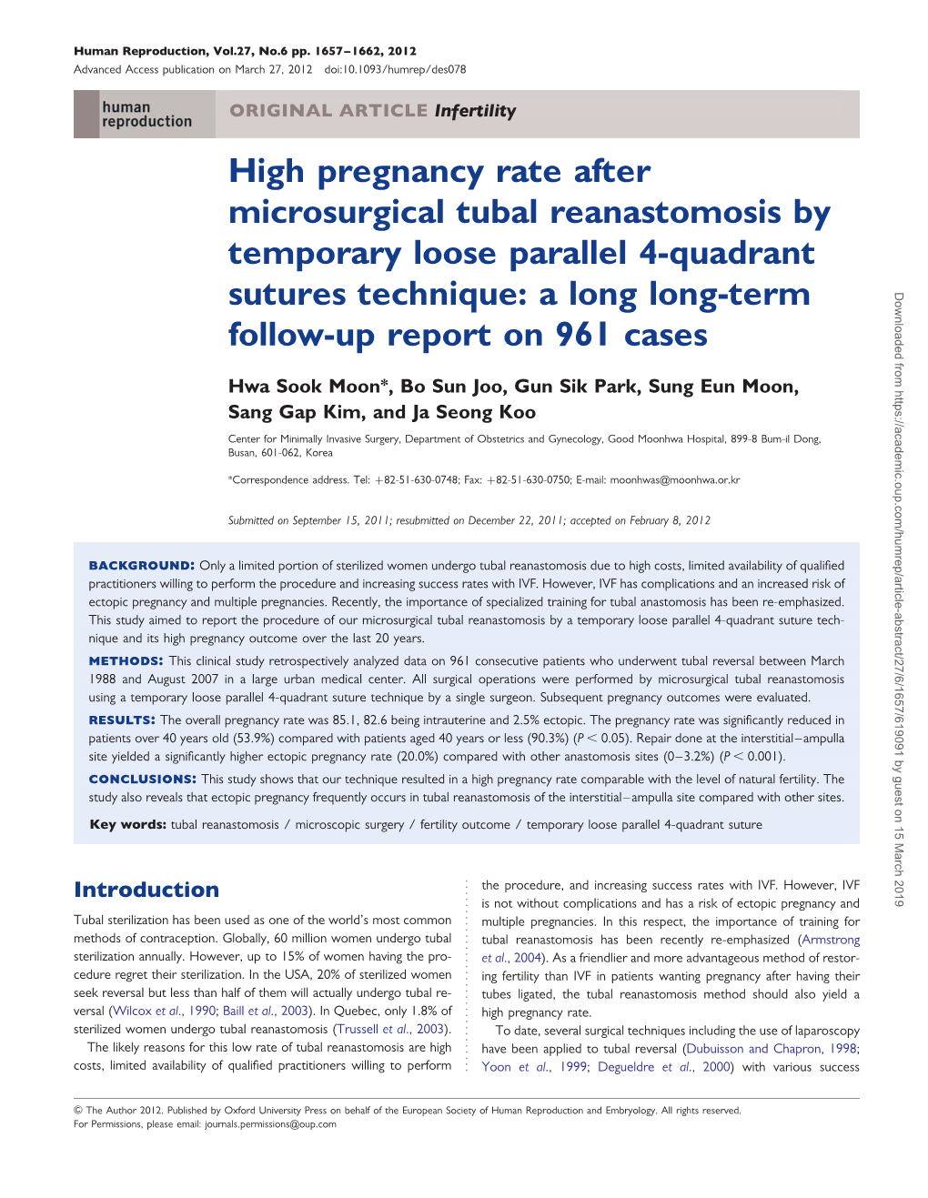 High Pregnancy Rate After Microsurgical Tubal Reanastomosis by Temporary Loose Parallel 4-Quadrant
