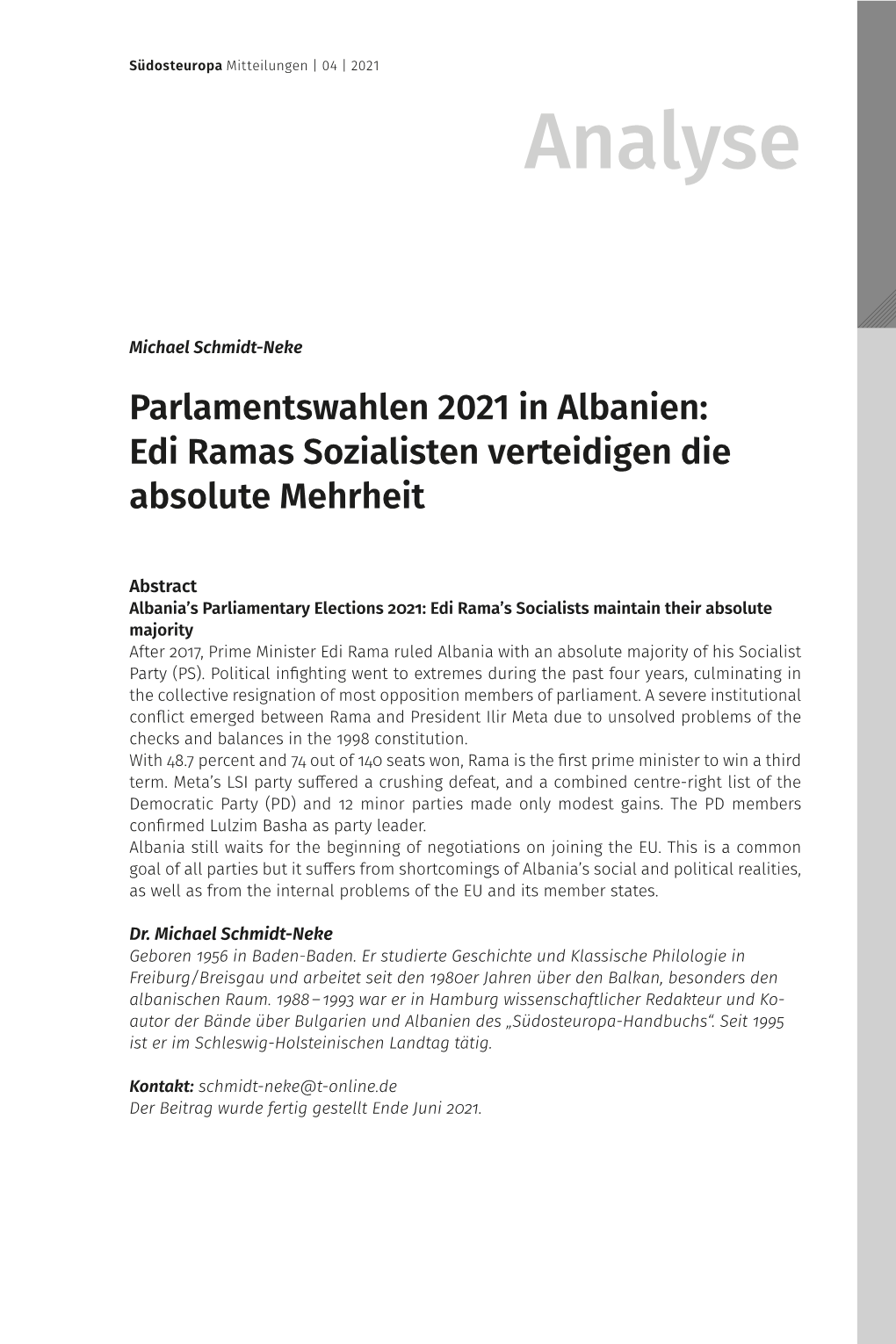 Michael Schmidt-Neke Parlamentswahlen 2021 in Albanien