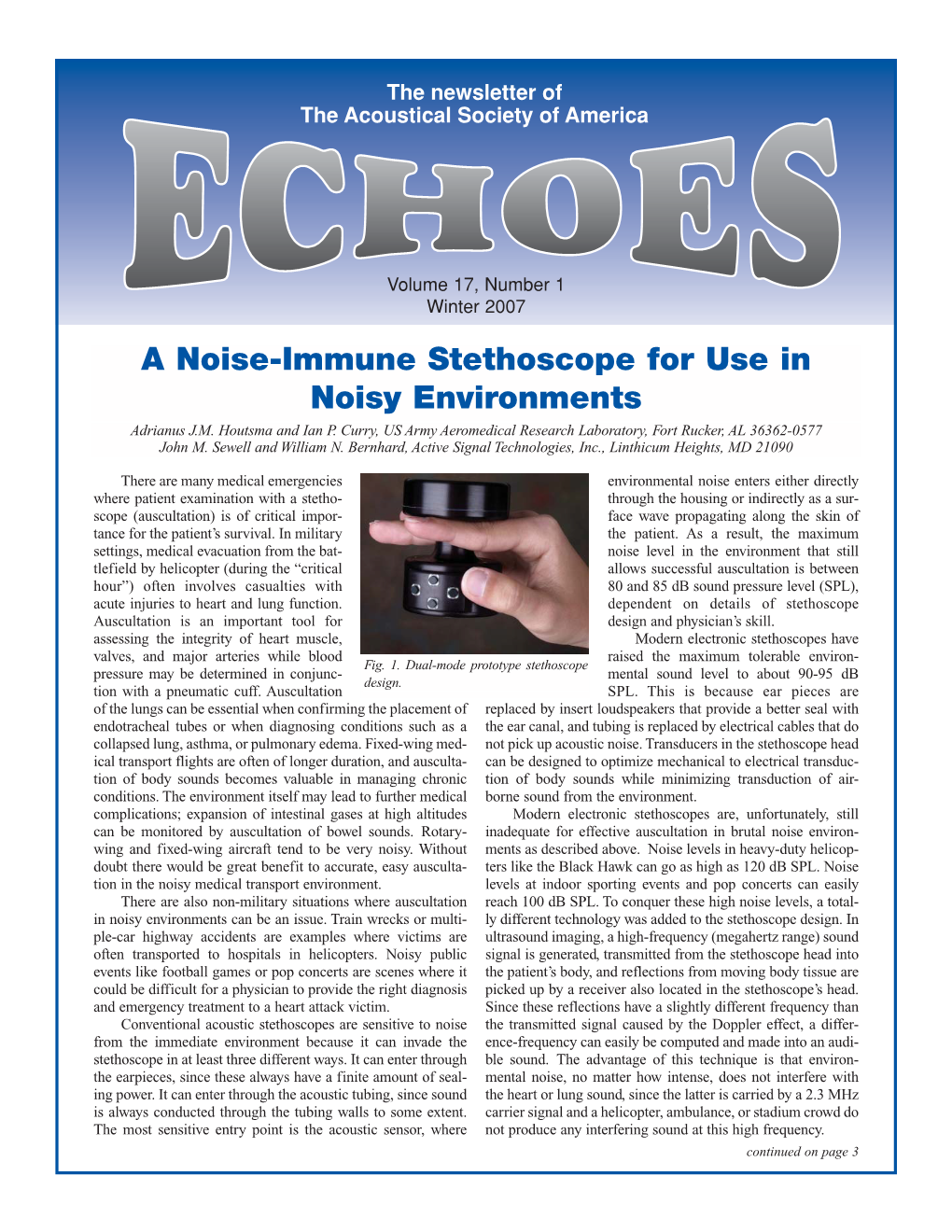 Winter 2007 a Noise-Immune Stethoscope for Use in Noisy Environments Adrianus J.M