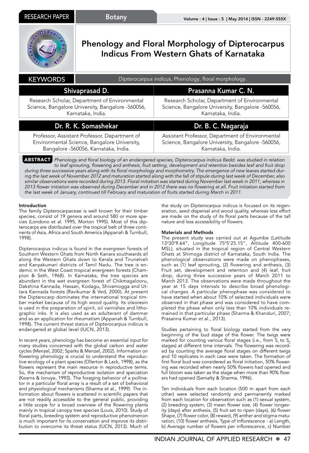 Phenology and Floral Morphology of Dipterocarpus Indicus from Western Ghats of Karnataka