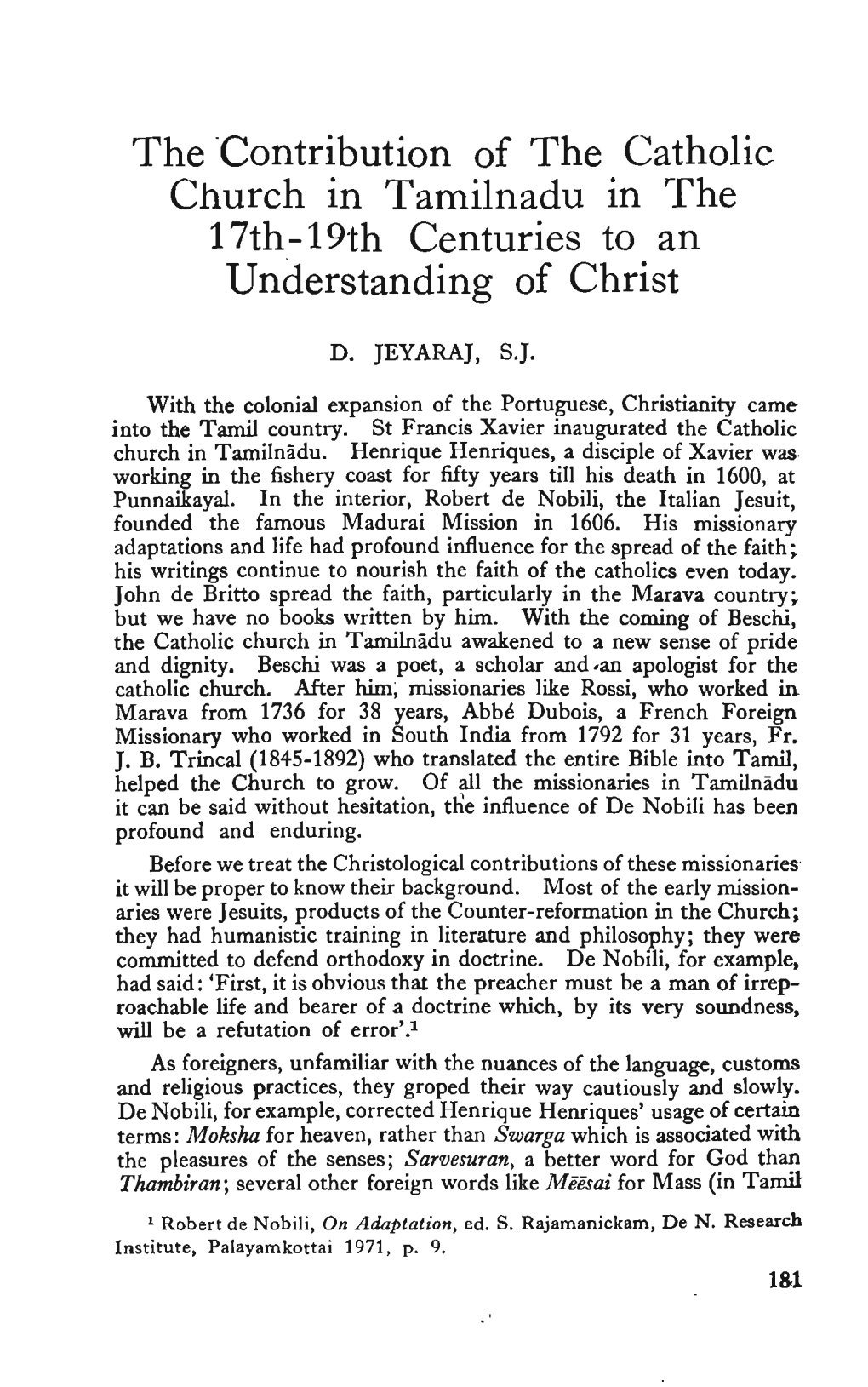 D. Jeyaraj, SJ., "The Contribution of the Catholic Church in Tamilnadu In