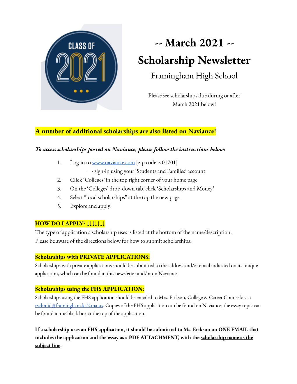 March 2021 -- Scholarship Newsletter Framingham High School