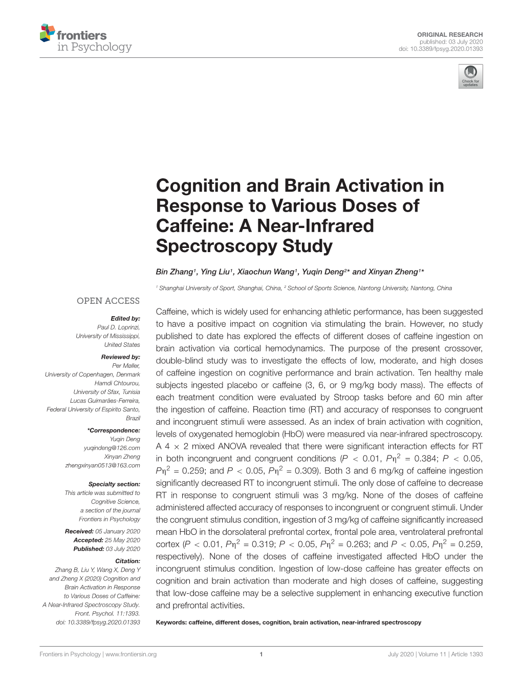 Cognition and Brain Activation in Response to Various Doses of Caffeine: a Near-Infrared Spectroscopy Study