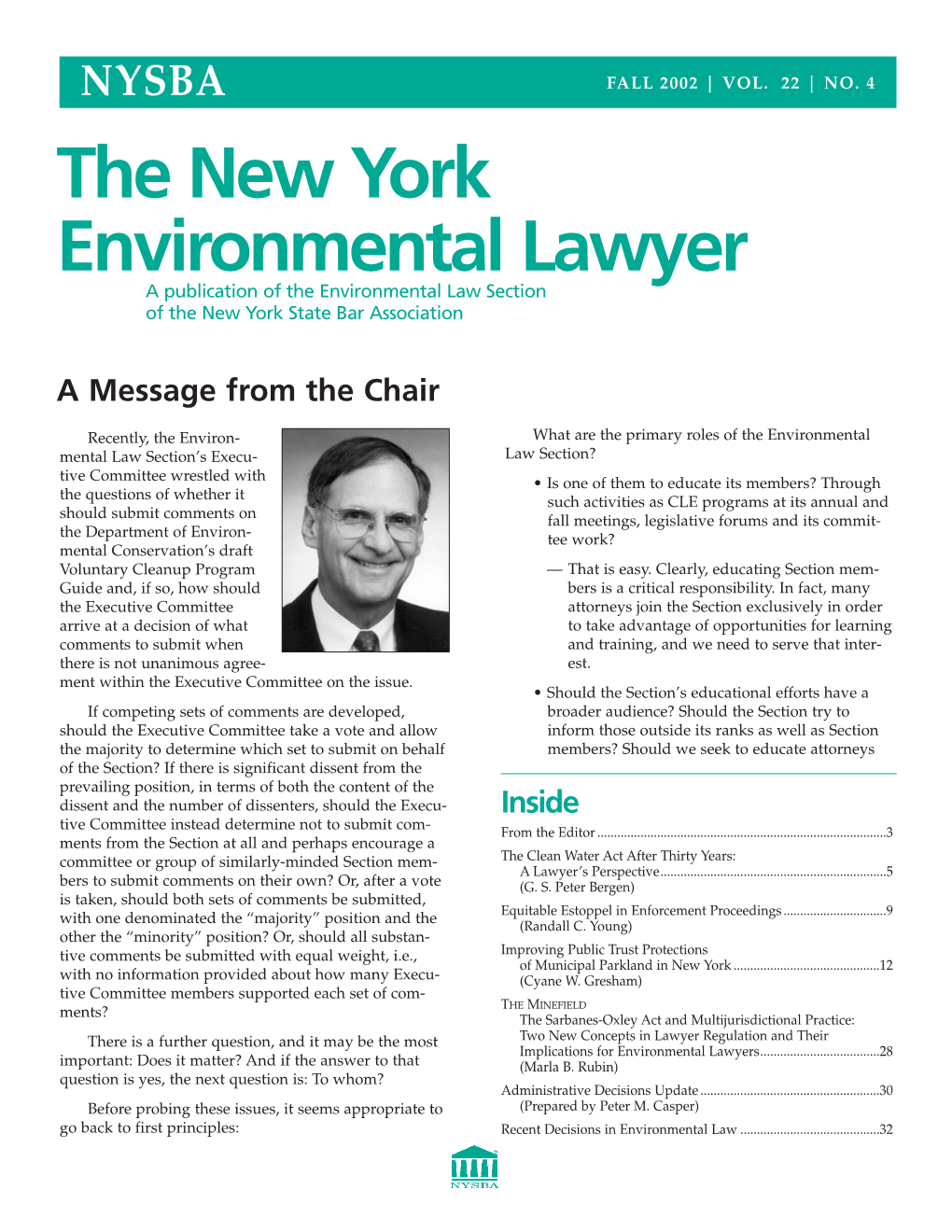 The New York Environmental Lawyer a Publication of the Environmental Law Section of the New York State Bar Association