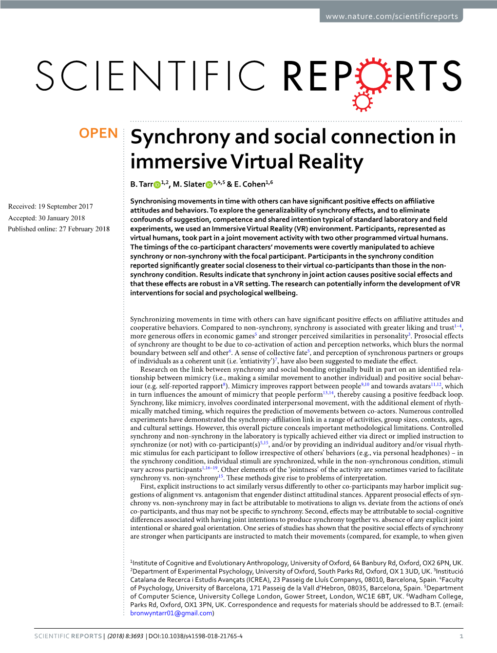 Synchrony and Social Connection in Immersive Virtual Reality B