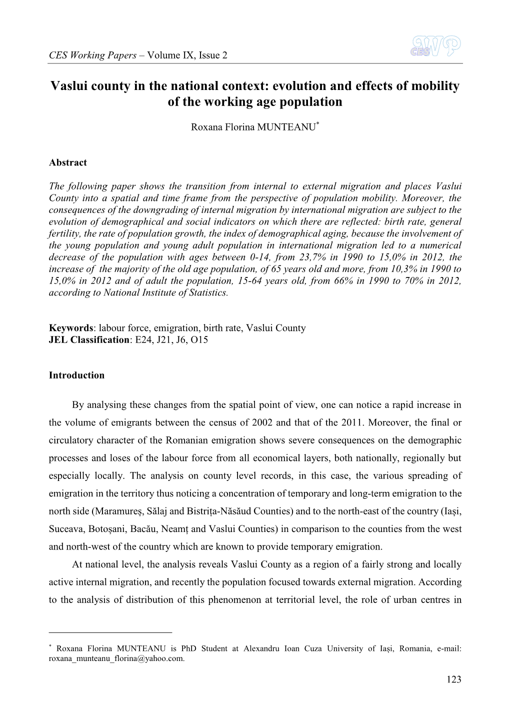 Vaslui County in the National Context: Evolution and Effects of Mobility of the Working Age Population