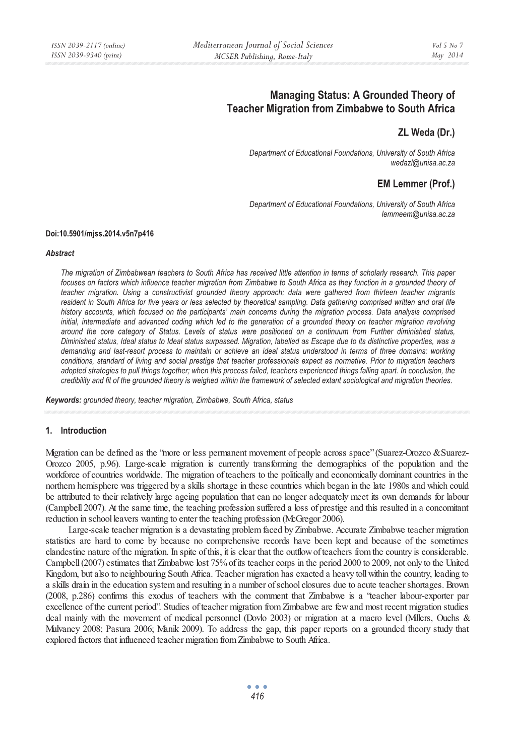 A Grounded Theory of Teacher Migration from Zimbabwe to South Africa