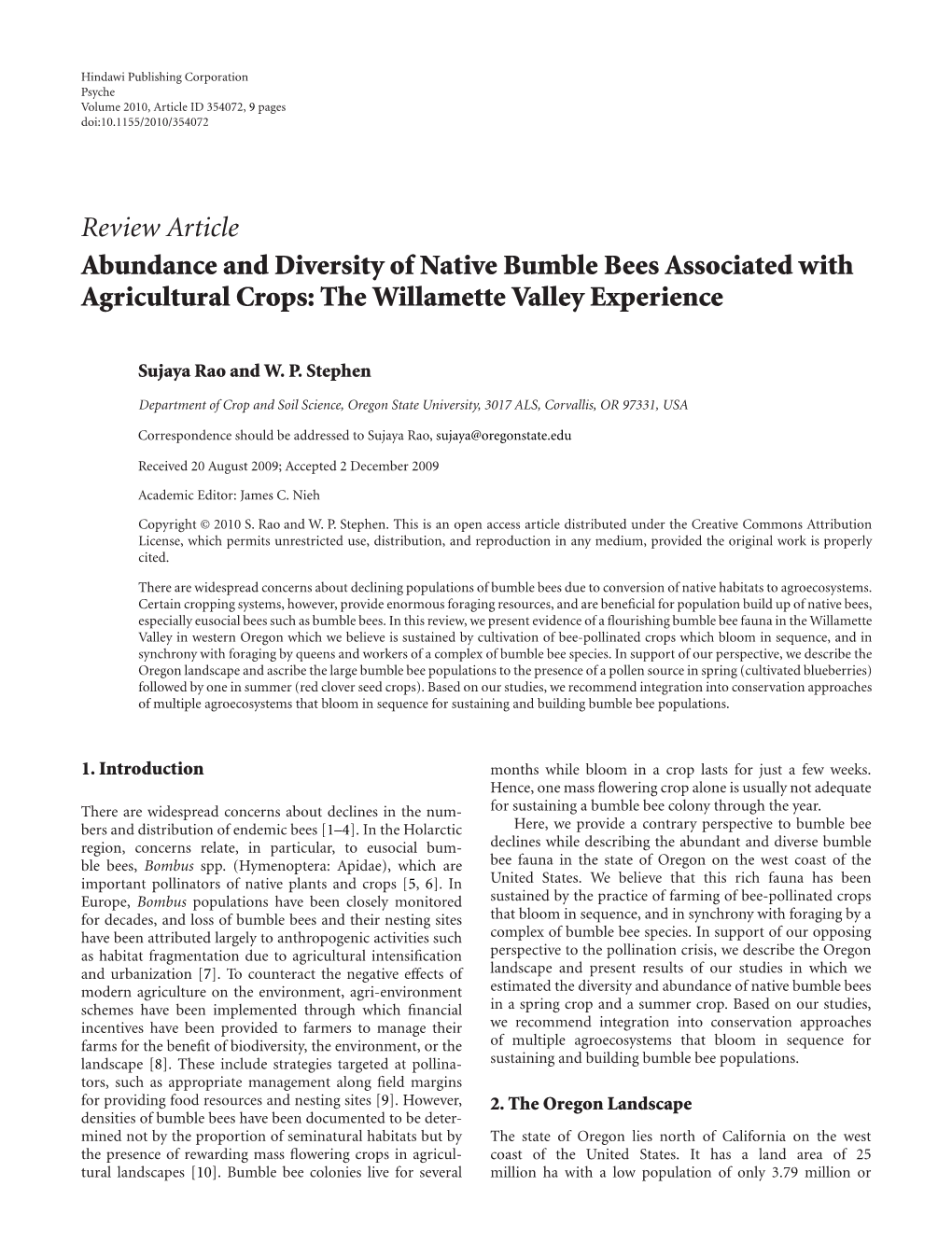 Abundance and Diversity of Native Bumble Bees Associated with Agricultural Crops: the Willamette Valley Experience