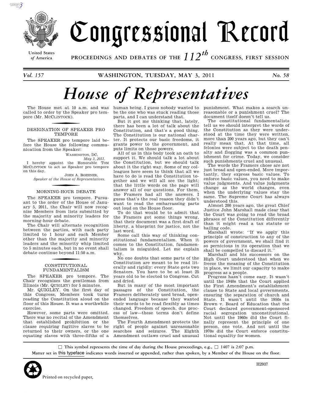 Congressional Record United States Th of America PROCEEDINGS and DEBATES of the 112 CONGRESS, FIRST SESSION