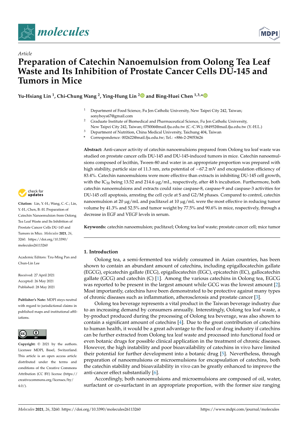 Preparation of Catechin Nanoemulsion from Oolong Tea Leaf Waste and Its Inhibition of Prostate Cancer Cells DU-145 and Tumors in Mice
