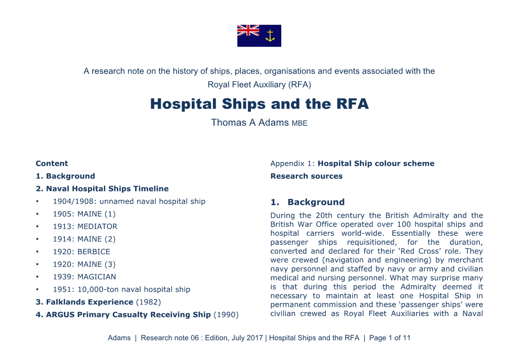 Hospital Ships and the RFA Thomas a Adams MBE