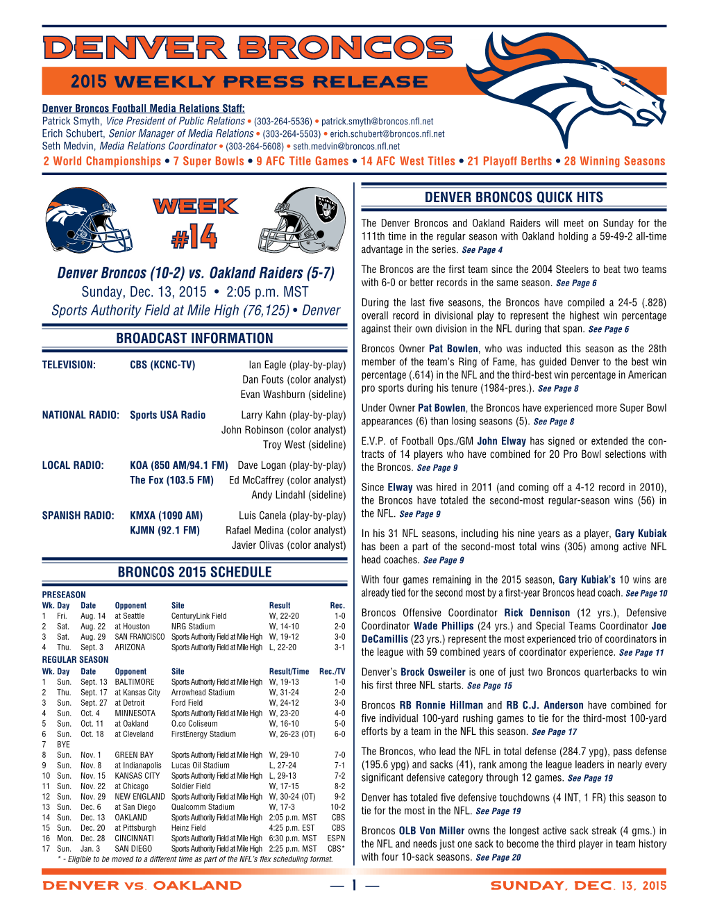 Denver Broncos Weekly Release Packet