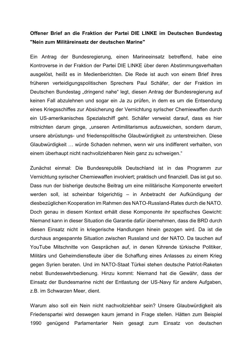 Offener Brief an Die Fraktion Der Partei DIE LINKE Im Deutschen Bundestag "Nein Zum Militäreinsatz Der Deutschen Marine"