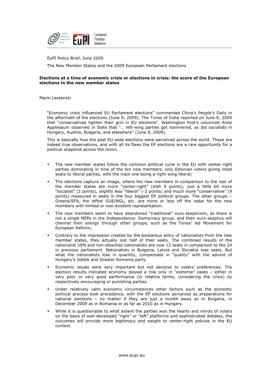 Eupi Policy Brief, June 2009 the New Member States And