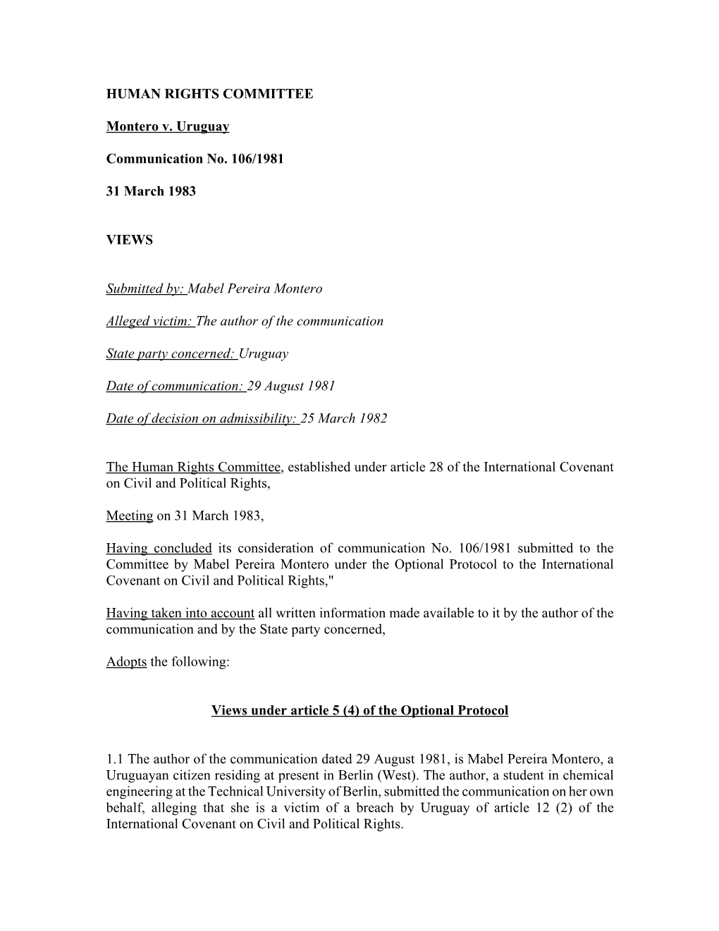 Mabel Pereira Montero V. Uruguay, Communication No. 106/1981