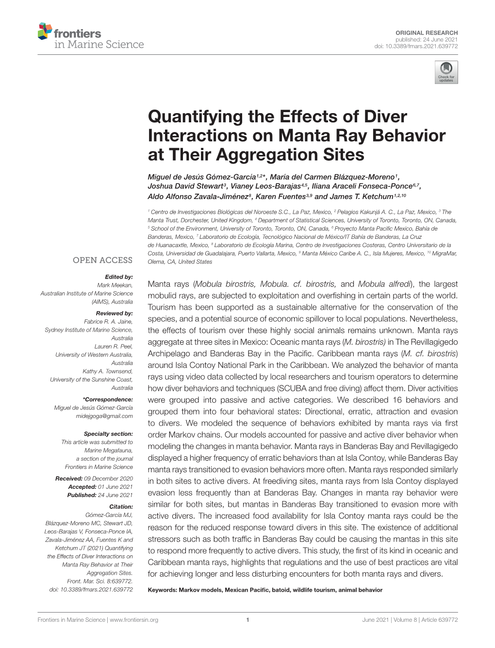 Quantifying the Effects of Diver Interactions on Manta Ray Behavior at Their Aggregation Sites