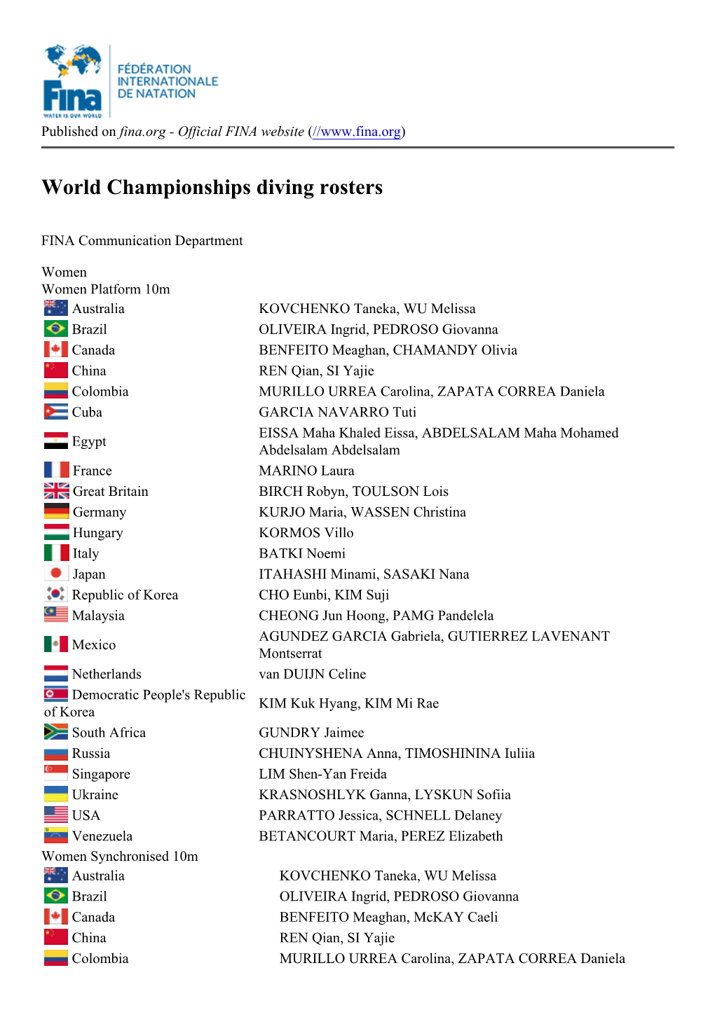 World Championships Diving Rosters