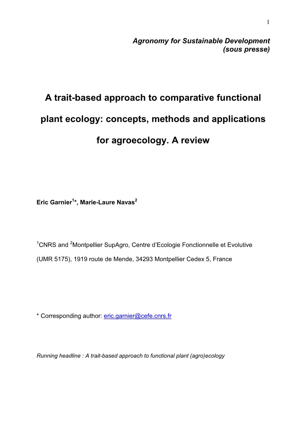 A Trait-Based Approach to Comparative Functional Plant Ecology