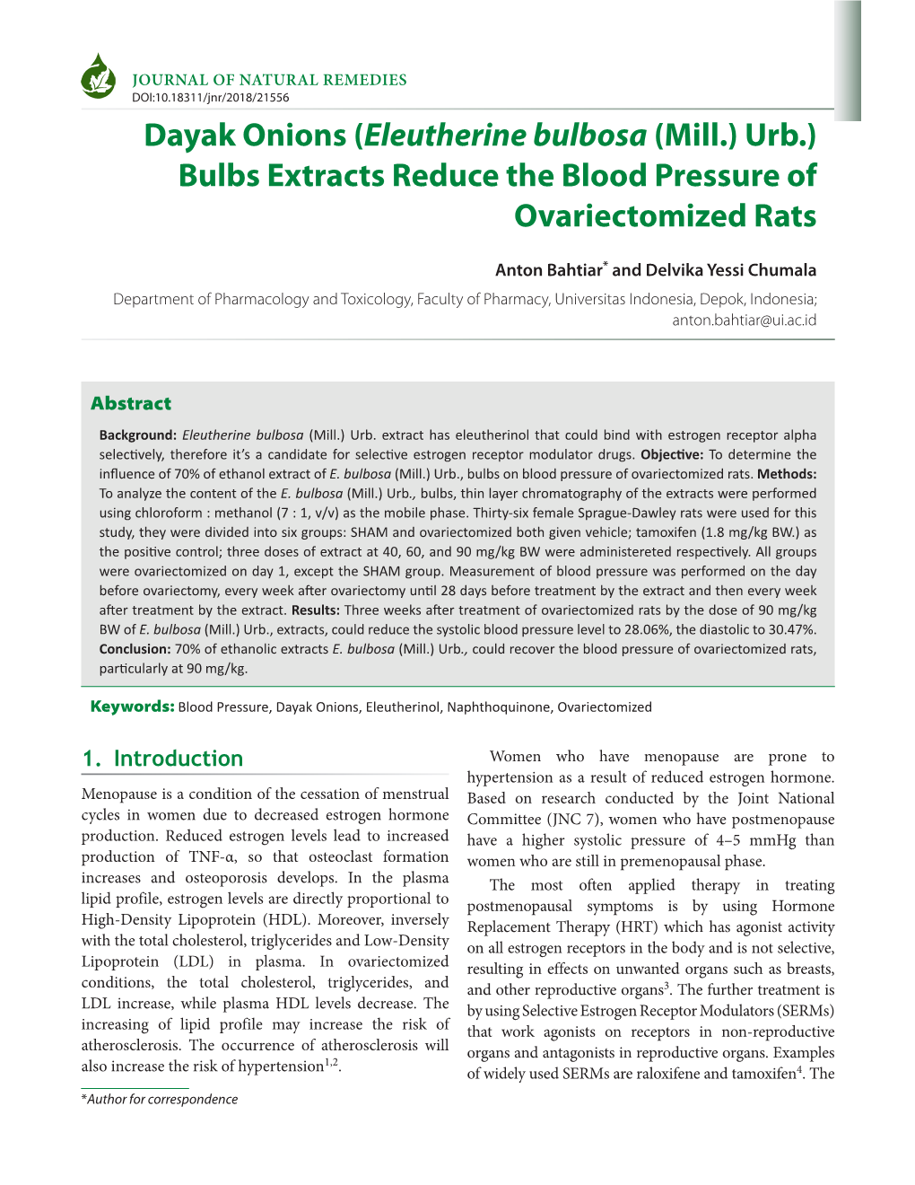 Dayak Onions (Eleutherine Bulbosa (Mill.) Urb.) Bulbs Extracts Reduce the Blood Pressure of Ovariectomized Rats