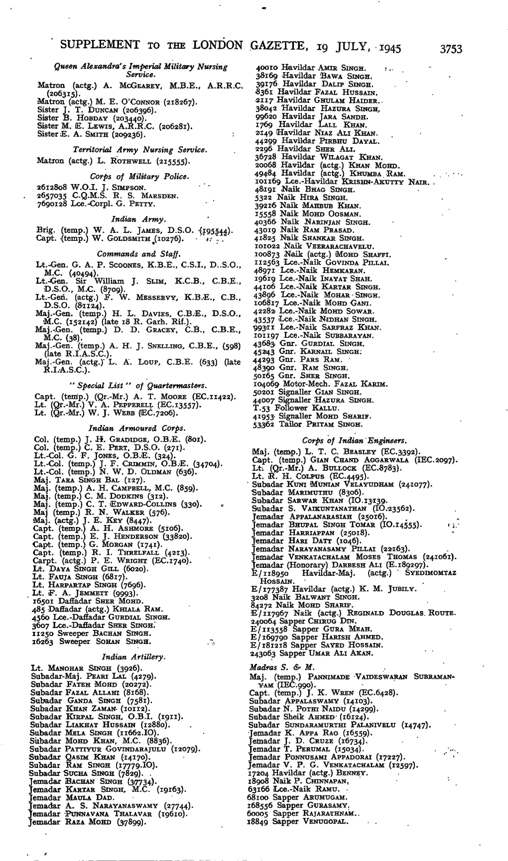 SUPPLEMENT to the LONDON GAZETTE, 19 JULY, 1945 3753 Queen Alexandra's Imperial Military Nursing 40010 Havildar ,AMIR SINGH