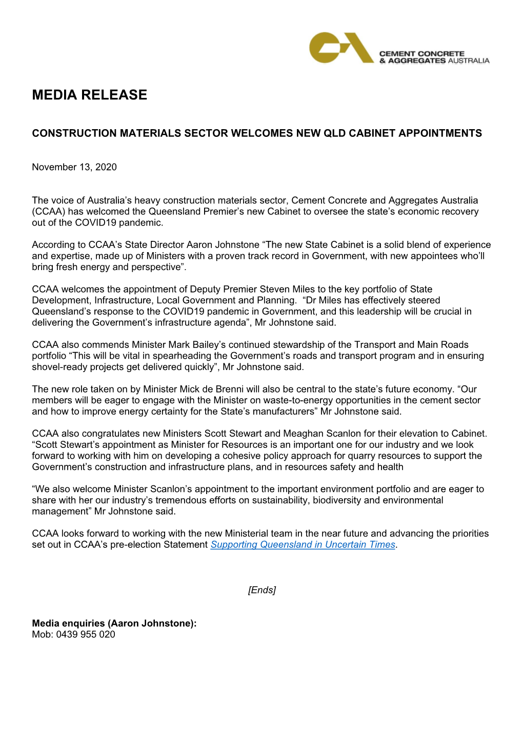 Construction Materials Sector Welcomes New Qld Cabinet Appointments