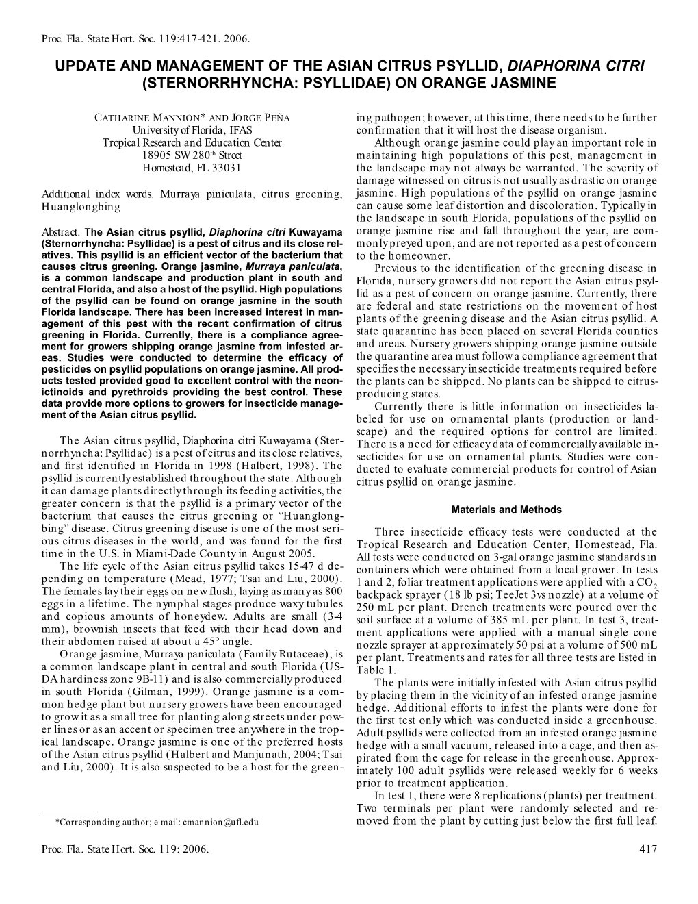 Update and Management of the Asian Citrus Psyllid, Diaphorina Citri (Sternorrhyncha: Psyllidae) on Orange Jasmine