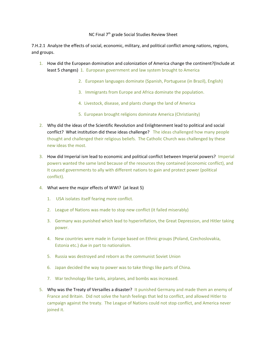 NC Final 7Th Grade Social Studies Review Sheet